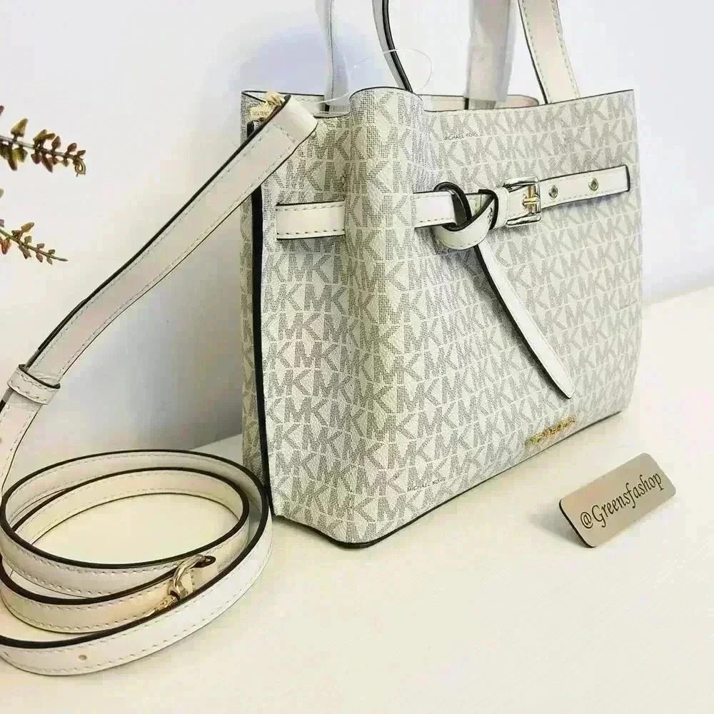 Michael Kors Emilia Small Satchel Crossbody Bag Light Cream MK Signature - Picture 4 of 11